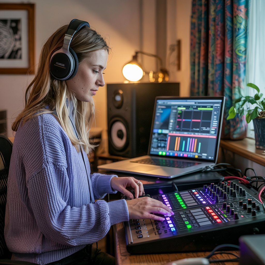 emma staake working with multimedia sound design and live mixing gear
