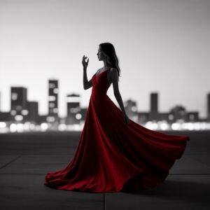 classic silhouette red dress worn for elegant occasions