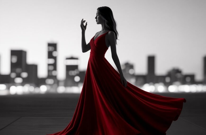 classic silhouette red dress worn for elegant occasions