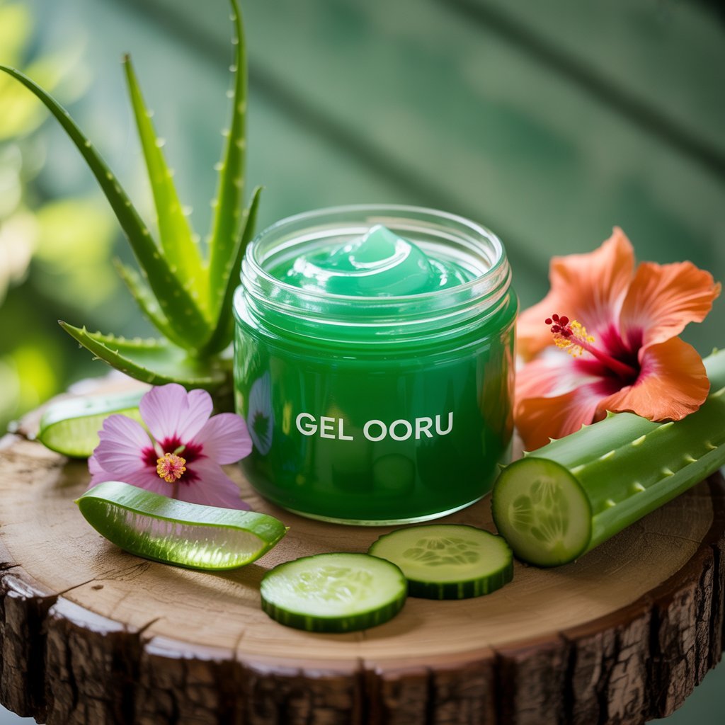 A jar of Gel Ooru with natural ingredients around it like aloe vera, hibiscus, and cucumber.
