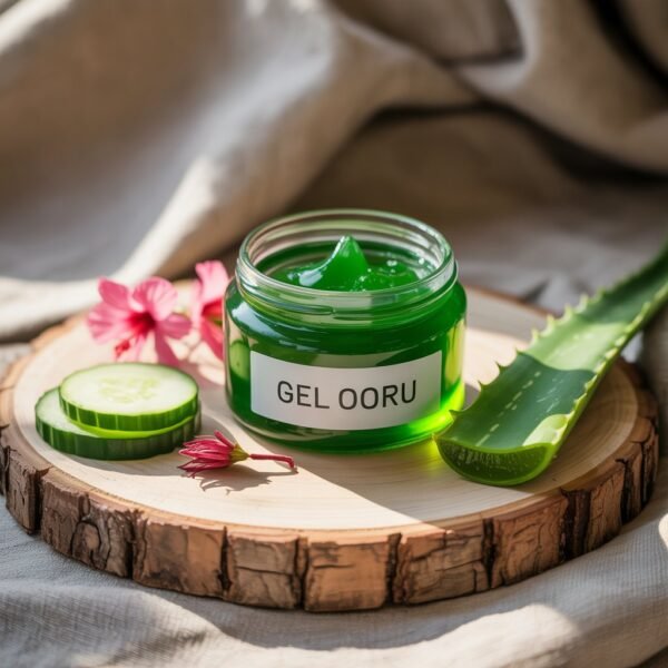 A jar of Gel Ooru with natural ingredients around it like aloe vera, hibiscus, and cucumber.