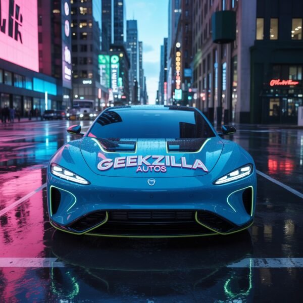 A futuristic electric car customized by Geekzilla Autos parked under neon lights