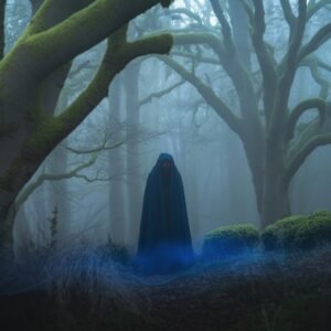 ethereal misty forest with shadowy figure representing phaelariax vylorn mystery