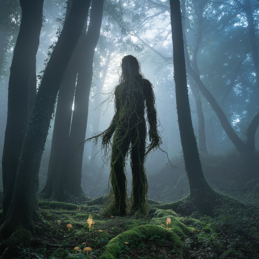 ethereal misty forest with shadowy figure representing phaelariax vylorn mystery 