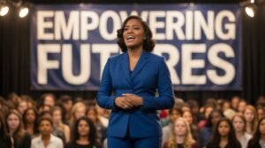 Gabby Pitso standing confidently during a public speech