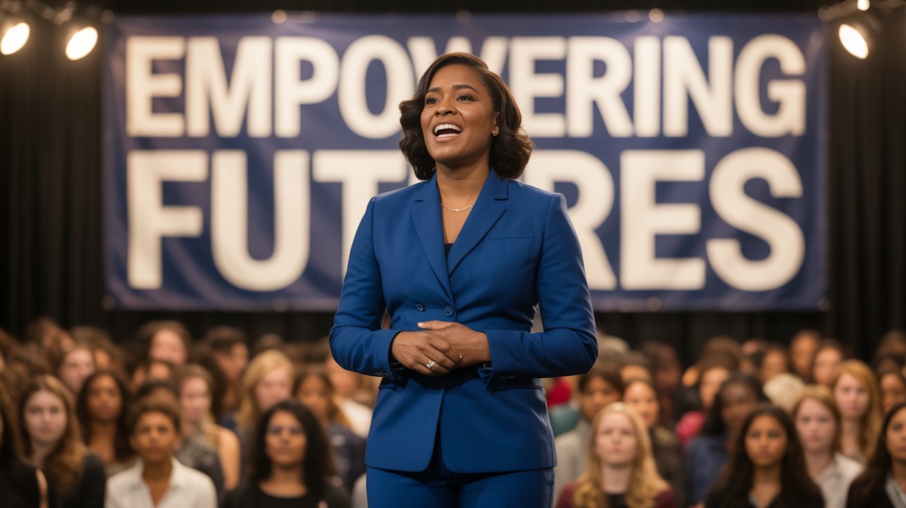 Gabby Pitso standing confidently during a public speech