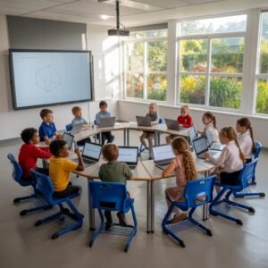 Engaged students in a modern classroom 15x setting with technology integration and active learning stations. 