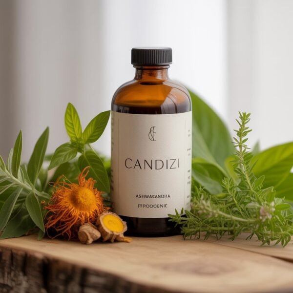 Candizi herbal supplement bottle surrounded by natural adaptogenic herbs