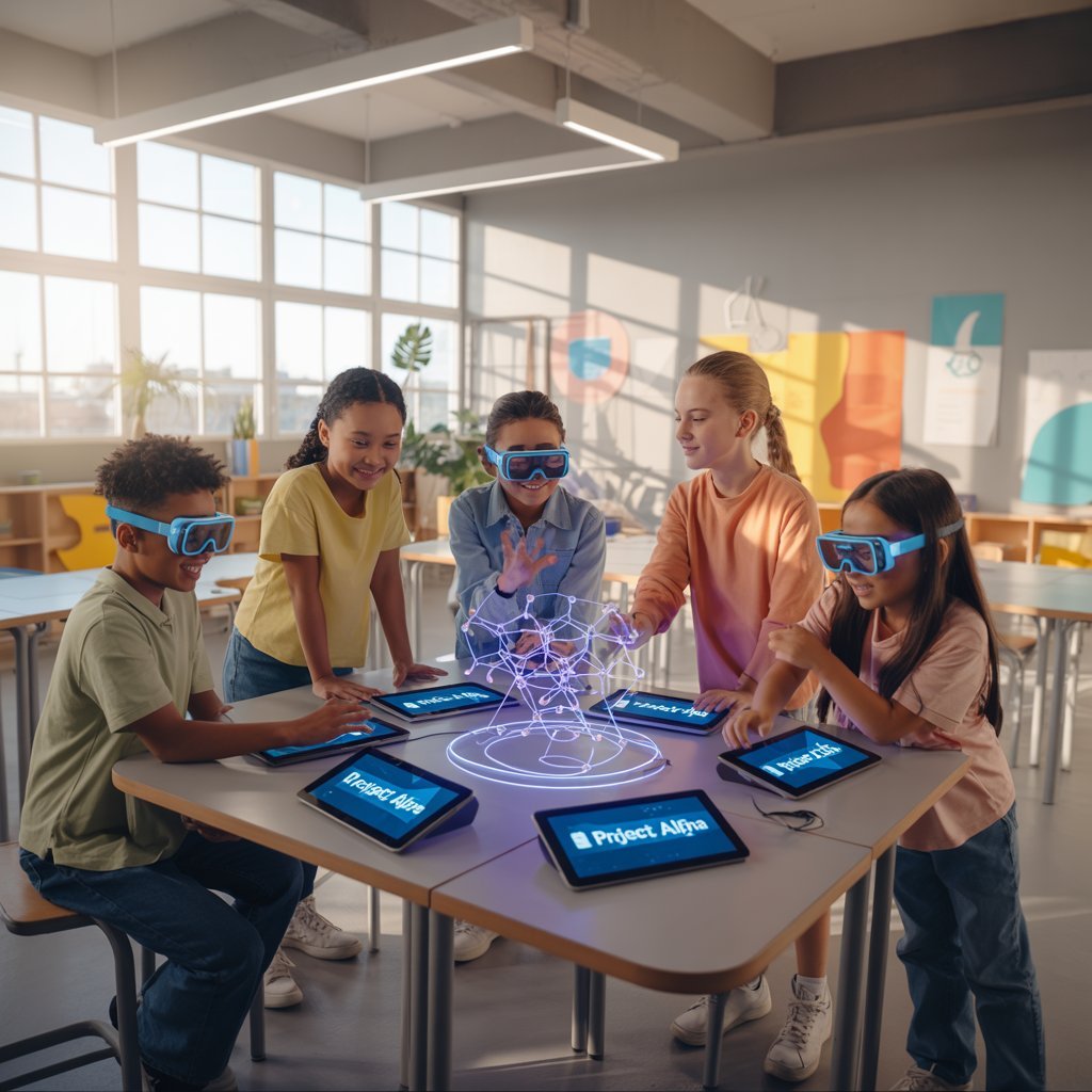 Engaged students in a modern classroom 15x setting with technology integration and active learning stations.