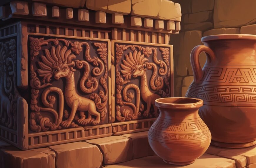 Illustration representing ancient artz in temple carvings and pottery designs